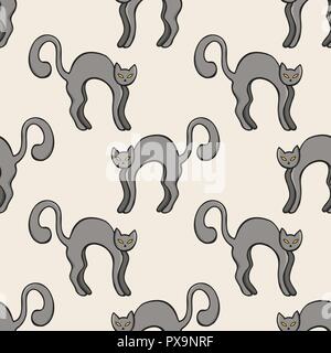 Black cats color seamless pattern. Hand drawn doodle cartoon elements of Halloween celebration. Vector color illustration. Stock Vector