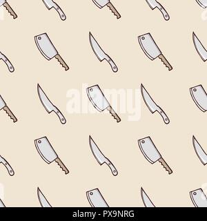 Cleavers and knifes seamless pattern. Hand drawn doodle cartoon elements. Vector colorful illustration. Stock Vector