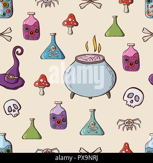 Halloween color seamless pattern. Hand drawn doodle cartoon elements of Halloween celebration. Cauldron, skulls, potions, hats, mushrooms, bones, spid Stock Vector