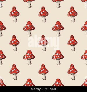 Amanita mushroom seamless pattern. Fly agaric. Hand drawn doodle cartoon elements. Vector colorful illustration. Stock Vector