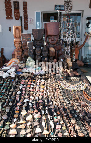 Peruvian craft souvenir shop made of wood, leather and seashells. Stock Photo