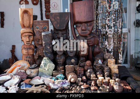 Peruvian craft souvenir shop made of wood, leather and seashells. Stock Photo