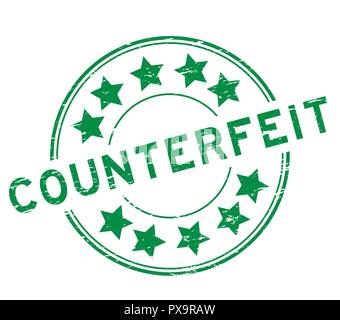 Grunge green counterfeit with star icon round rubber stamp on white background Stock Vector