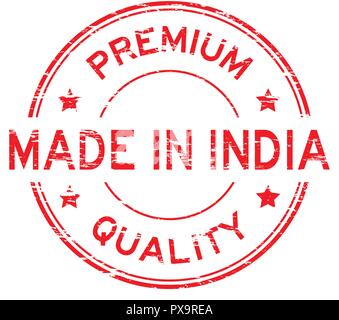 Grunge red premium quality made in India round rubber stamp Stock Vector