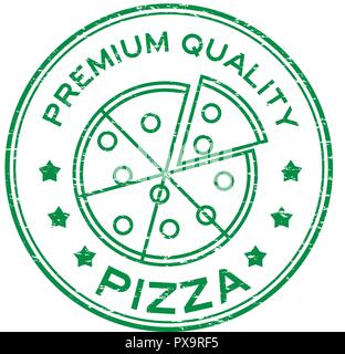 Grunge green premium quality pizza with slice plate logo round rubber stamp Stock Vector