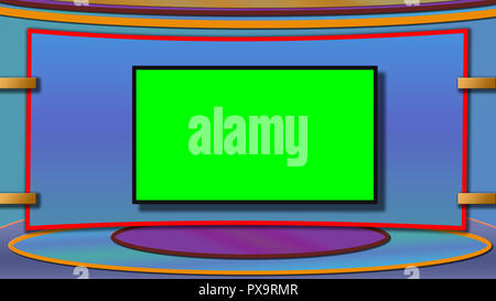Blue And Red Theme Tv News Studio Background With Greenscreen Stock Photo Alamy