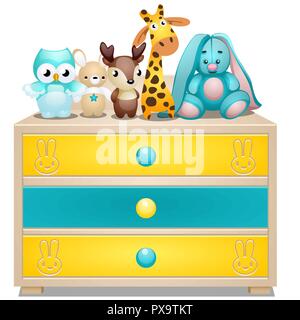 Childrens chest of drawers with plush toys isolated on white background. Vector cartoon close-up illustration. Stock Vector