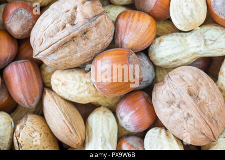 Mixed nuts with shell, close up and top view (hazelnuts, walnuts, peanuts, almonds) Stock Photo