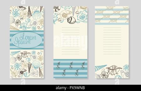 Summer Sea Shells Banner Design. Hand Drawn Etching Style. Place for Your Text. Marine Flayer Template. Stock Vector