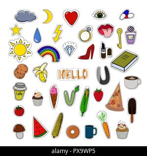 Pins and stickers collection isolated on white background. Food patch badges set for your design. Pop art fashion pins. Stock Vector