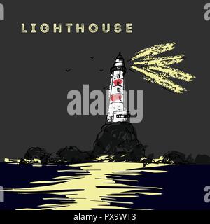 Lighthouse at night vector illustration. Seamark hand drawn colored sketch. Stock Vector