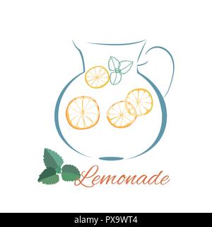 Lemonade jug outline logo and mint leaves. Outline lemonade jug isolated on white background. Stock Vector