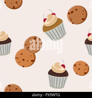 Cookies and cupcake vector seamless pattern. Muffin seamless background. Stock Vector