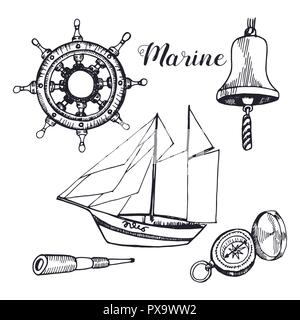 Marine elements isolated on white background. Ship captain accessories hand drawn sketch. Stock Vector