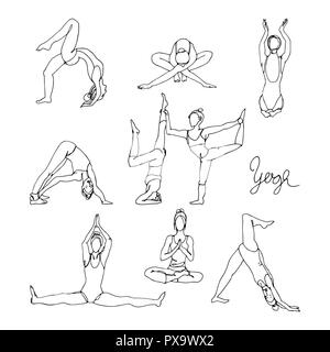 Woman in different yoga poses hand drawn sketch. Single line woman yoga exercises. Stock Vector