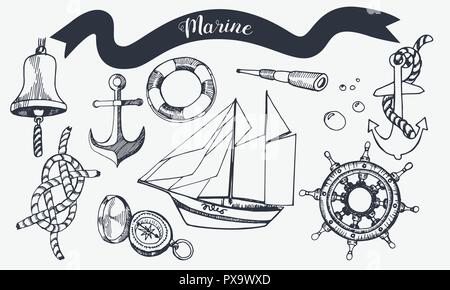 Marine elements isolated on white background. Ship captain accessories hand drawn sketch. Stock Vector