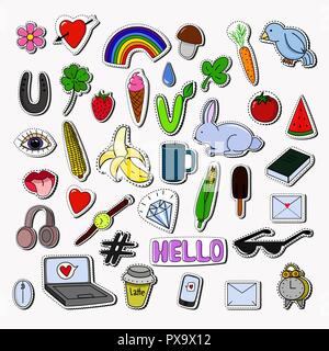 Stickers collection isolated on gray background. Cute patch badges and stickers set. Fashion pop art pins. Stock Vector