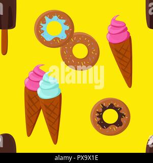 Ice-cream and doughnut seamless pattern. Pastries on yellow background. Stock Vector