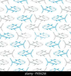 Fishes seamless pattern. Fishes swimming in different directions. Fishes flock hand drawn sketch. Stock Vector