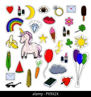 Patches collection with unicorn isolated on white background. Patch badges and stickers set. Pop art and fashion pins. Stock Vector