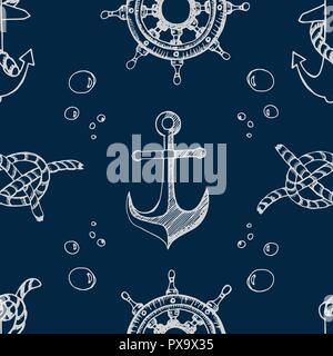 Nautical theme blue seamless pattern. Hand drawn maritime elements seamless background. Stock Vector