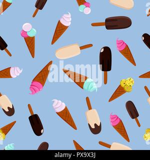 Ice cream seamless pattern. Different sundae flavors on blue background. Stock Vector