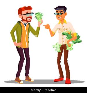 Different Salaries Of Office Staff, One Employee With Bills In Hand, Another With Stack Of Money Vector. Isolated Illustration