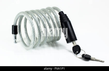 Bike cable lock with key isolated on white Stock Photo