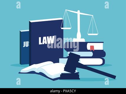 Simple design of legal system elements with books and scales on blue background Stock Vector