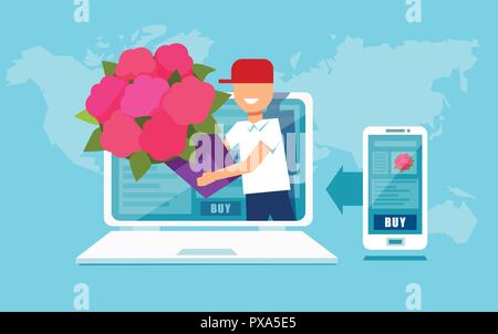 Vector design of cheerful delivery man in laptop giving bouquet for concept of Internet order on blue background Stock Vector