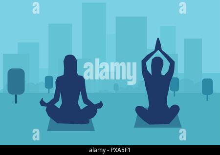 Vector image of female silhouette meditating in peace on background of city Stock Vector