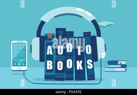 Blue flat design of books with headphones and mobile phone for concept of audio books Stock Vector