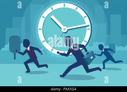 Flat design of businessman running in rush while competing for award with clock on background Stock Vector