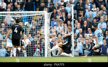 Manchester City's Riyad Mahrez scores his side's fourth goal of the game during the Premier League match at the Etihad Stadium, Manchester. Stock Photo