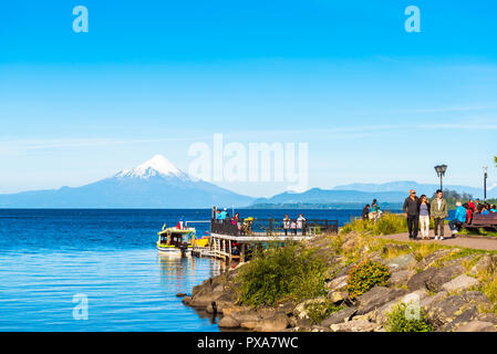 PUERTO VARAS, CHILE - JANUARY 11, 2018: Osorno volcano and Llanquihue lake, nacional park Vicente Perez Rosales. Copy space for text Stock Photo