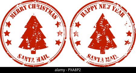 Santa post mail rubber stamp with xmas tree. Vector gift delivery print illustration Stock Vector