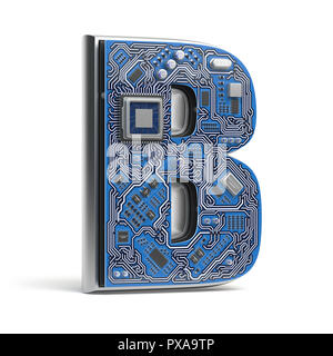 Letter B, Alphabet in circuit board style. Digital hi-tech letter isolated on white. 3d illustration Stock Photo