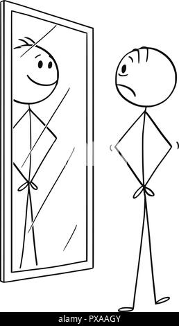 Cartoon of Sad Man Looking at Himself in the Mirror but Seeing Smiling Cheerful Yourself Stock Vector
