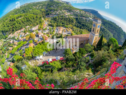 Aerial view over Eze cityscape and surroundings, with medieval church inside the citadel town, in France Stock Photo