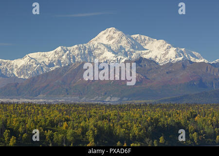 View of Mount McKinley showing the snow covered top in Denali National Park Alaska USA Stock Photo