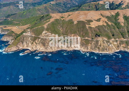 Highway 1 in Big Sur, California, seen from the plane on a sunny day. Stock Photo