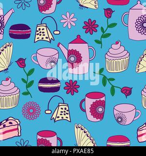 Vector Tea Garden Tea Parrty seamless pattern background. . Hand drawn illustration with teapots, cups,flowers and sweet treats on blue background.. S Stock Vector