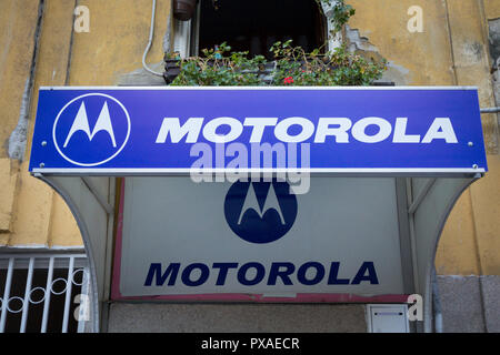 BELGRADE, SERBIA - OCTOBER 18, 2018: Motorola logo on their main retailer for Serbia. Motorola is an american telecommunications company spread worldw Stock Photo