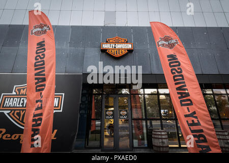 BELGRADE, SERBIA - OCTOBER 19, 2018: Harley Davdidson logo on their main dealership store Belgrade. Harley Davidson is an iconic Motorbike and Motorcy Stock Photo