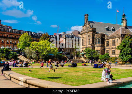Sheffield, UK - Aug 30 2018: Peace Garden public open town hall square  Sheffield Town Hall Stock Photo