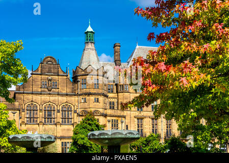 Sheffield, UK - Aug 30 2018: Peace Garden public open town hall square  Sheffield Town Hall Stock Photo