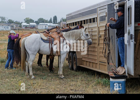 DUPREE, SOUTH DAKOTA, September 15, 2018 : Preparations for a regional Rodeo in Dupree. Rodeo is a competitive sport that arose out of the working pra Stock Photo