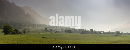 rural Swiss countryside landscape with farm fields and misty mountains and forest in late autumn Stock Photo