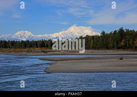 View of Mount McKinley from Talkeetna in Alaska showing the snow covered top Stock Photo