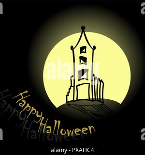 Halloween pumpkins and dark castle on blue Moon background, illustration. Stock Vector